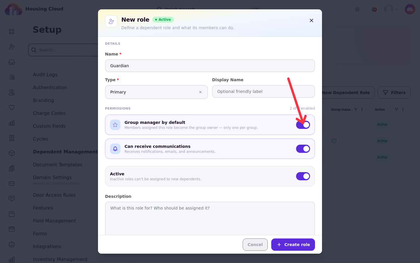 The New role form for a Primary role with Group manager by default turned on