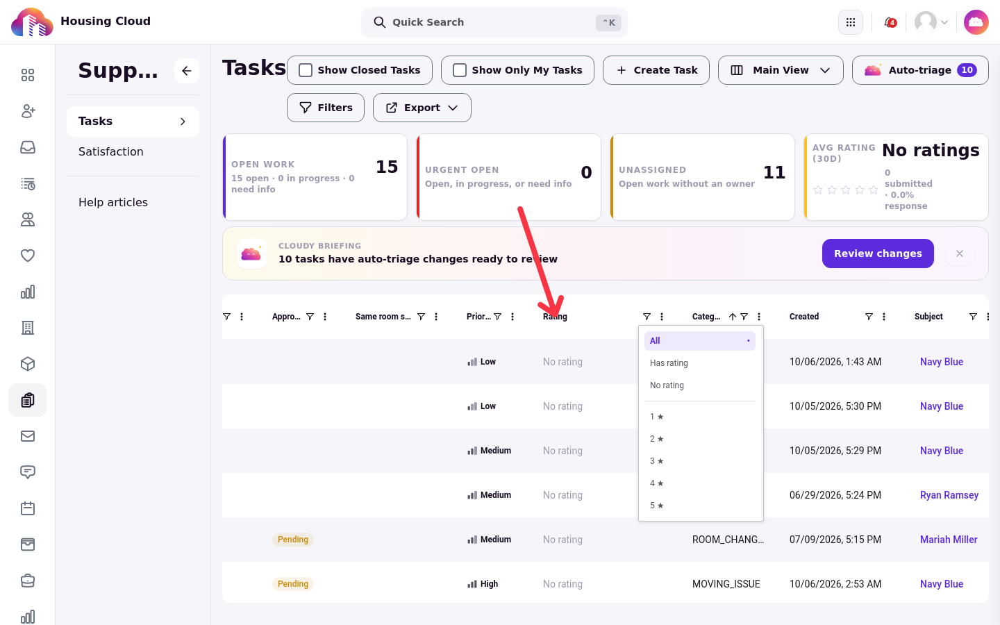The Rating column filter open on the Tasks queue, showing All, Has rating, No rating and the star scores