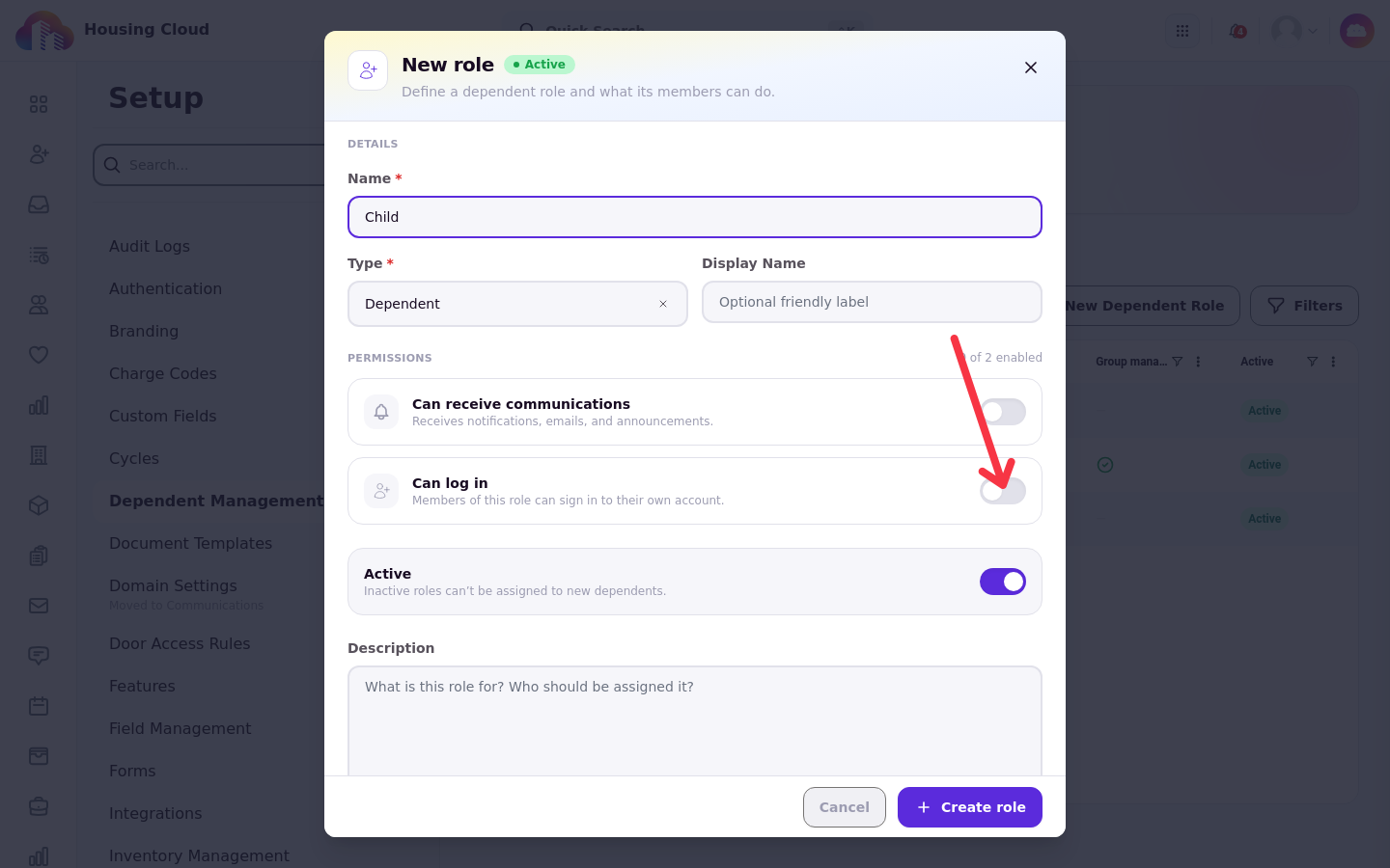 The New role form for a Dependent role with the Can log in switch off