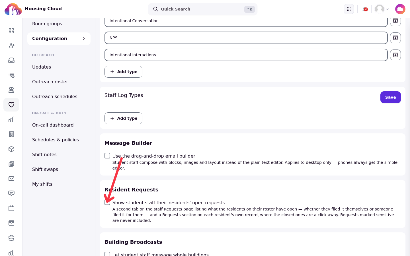 Resident Requests card on the student staff configuration page with the Show student staff their residents' open requests checkbox