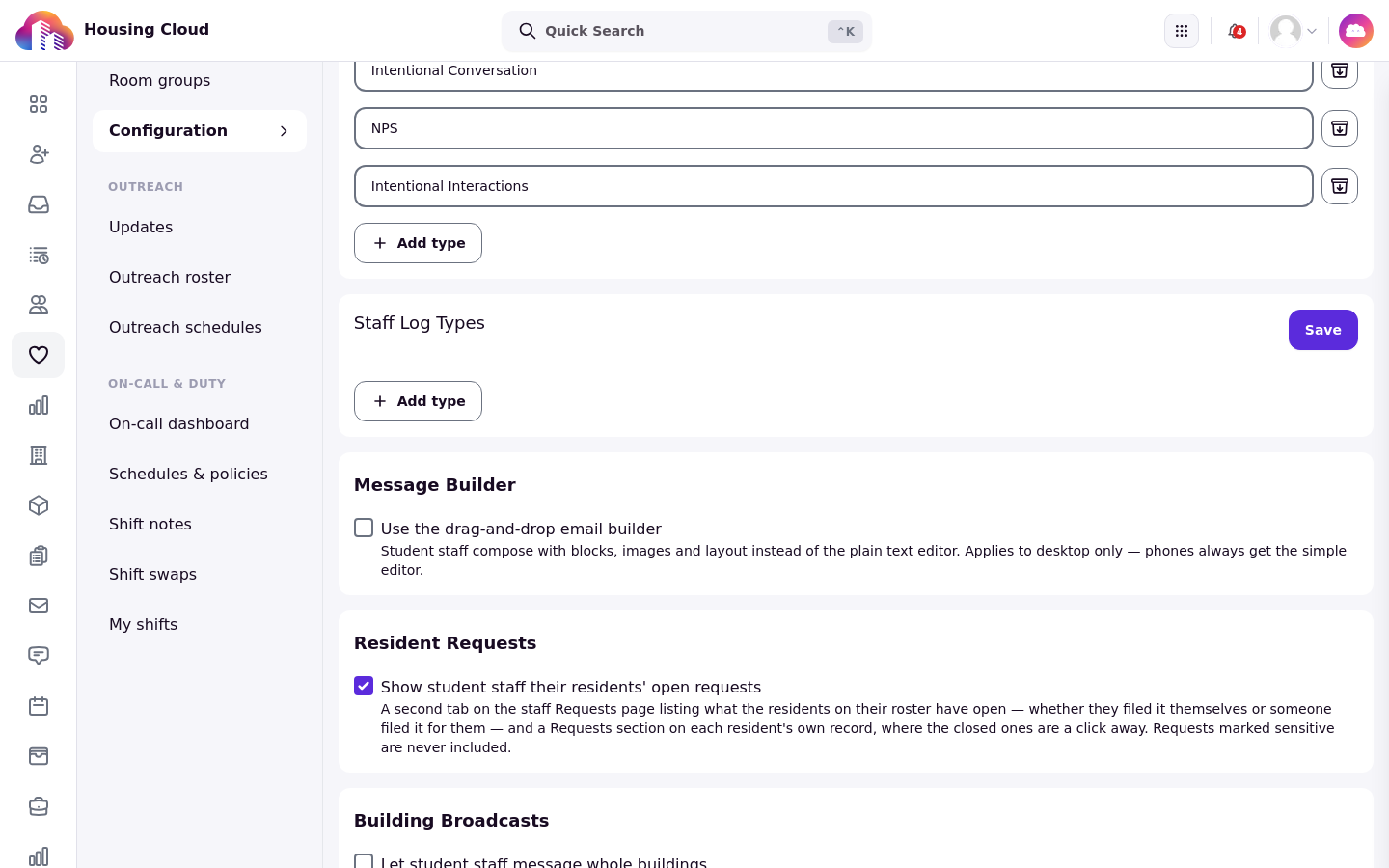 Resident Requests card with the Show student staff their residents' open requests checkbox checked