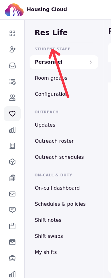 Res Life group expanded in the admin sidebar, showing Student Staff and its Configuration link