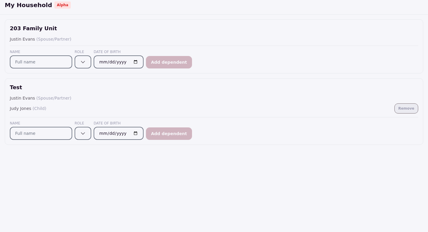 The My Household page showing a dependent group with its members