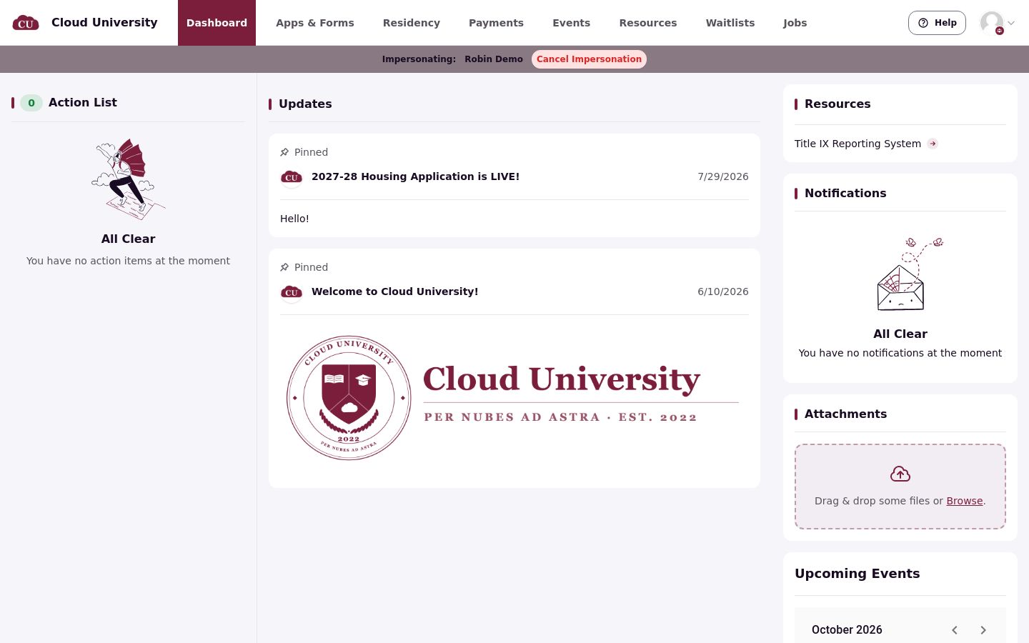 The Resident Portal home page as seen by a dependent