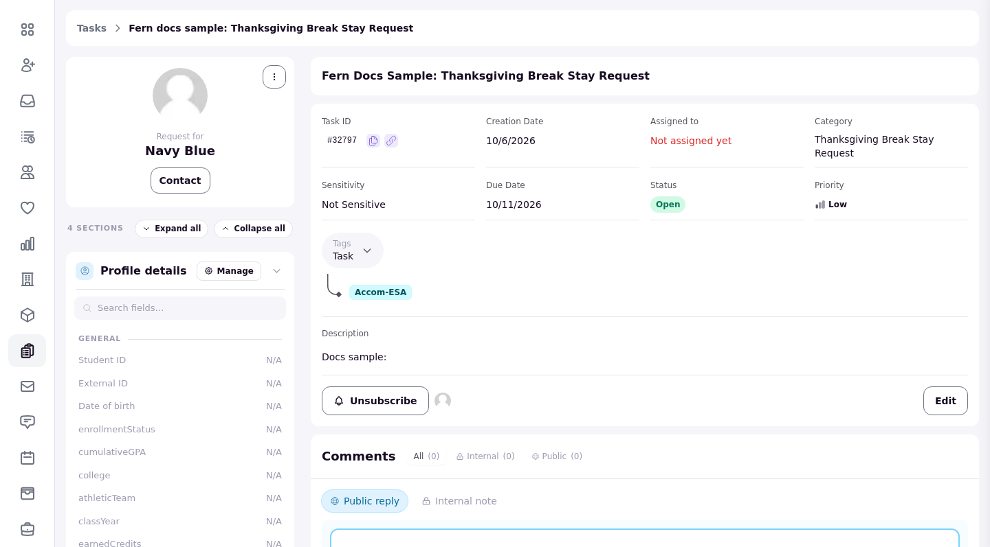 A task page showing the requester panel on the left and the task details, tags, and comments on the right