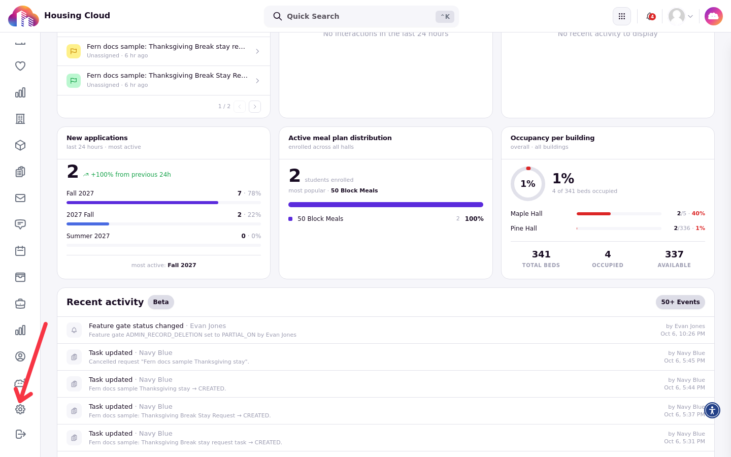 The admin dashboard with an arrow pointing at the Setup gear icon in the left navigation rail