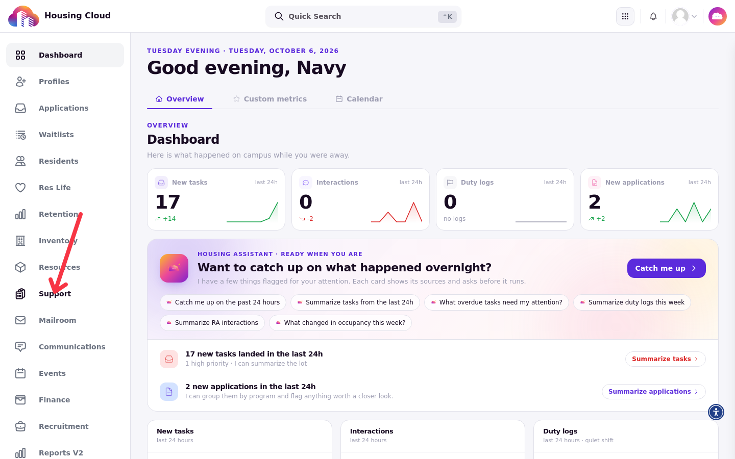The admin navigation with the Support entry highlighted