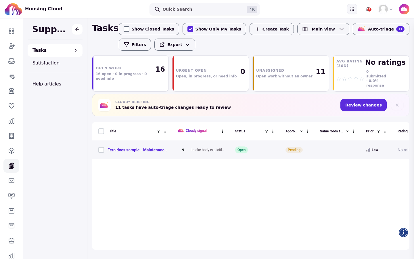 The Support section with Tasks, Satisfaction and Help articles in the left rail