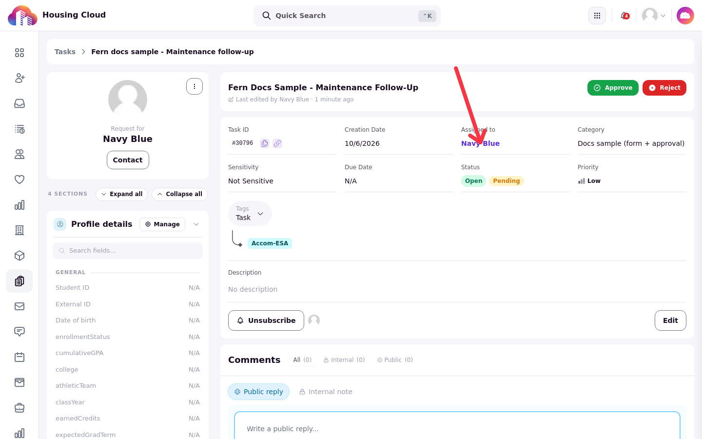 A task detail view with an arrow pointing at the Assigned to field showing the assignee's name