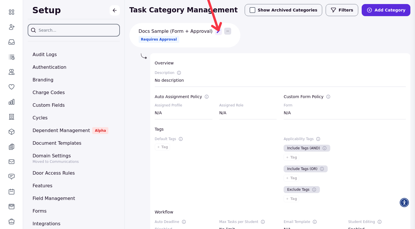 The Task Category Management page with an arrow pointing at the pencil (edit) button on a request type card