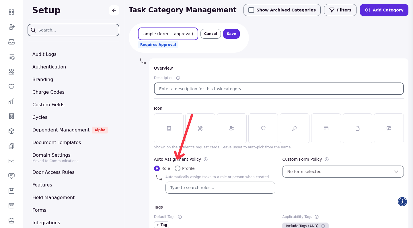 A request type card in edit mode with an arrow pointing at the Auto Assignment Policy section