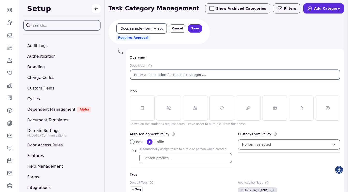 The Auto Assignment Policy with Profile selected and the profile search field visible