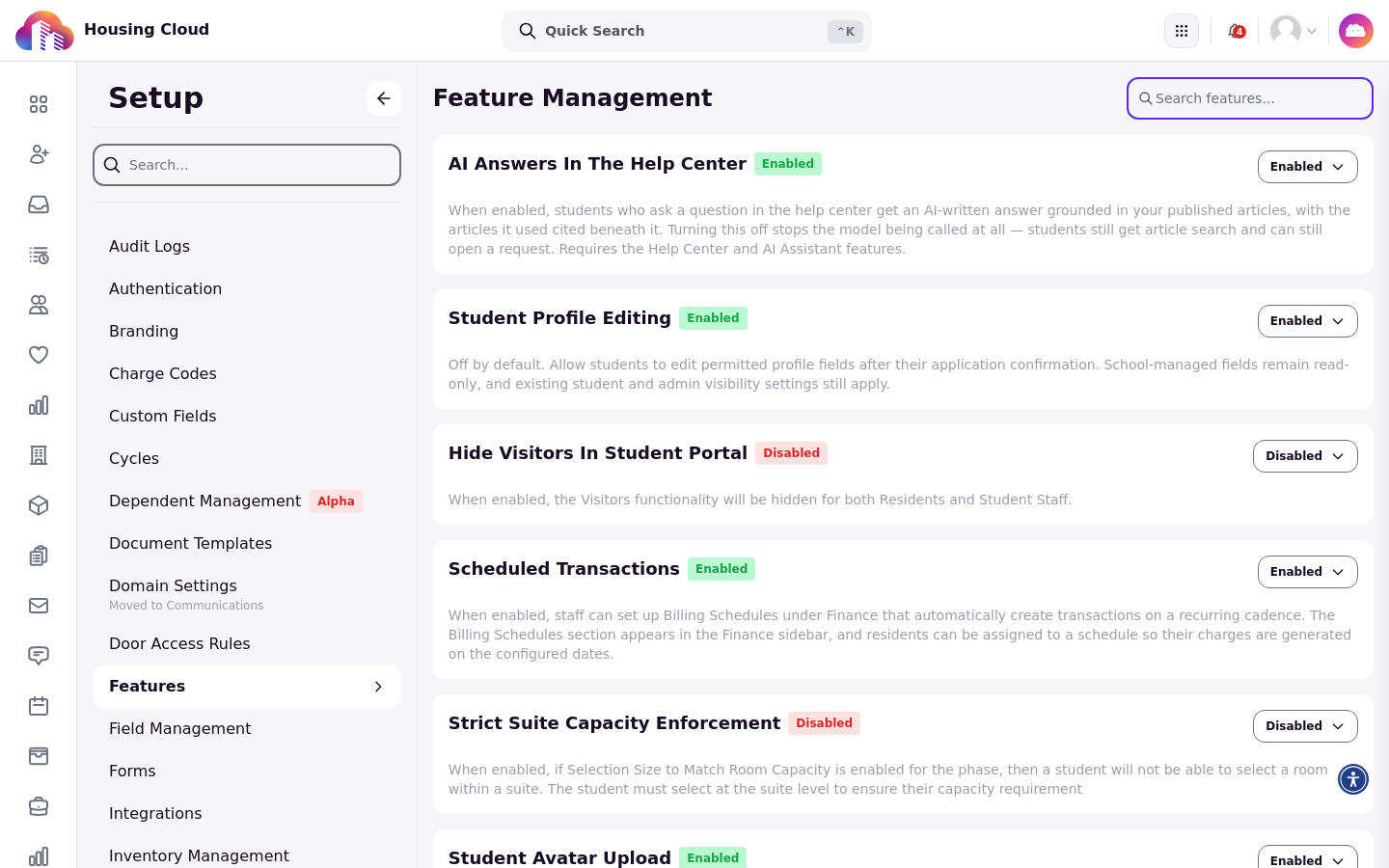 The Feature Management page showing the AI Answers In The Help Center card with its Enabled dropdown