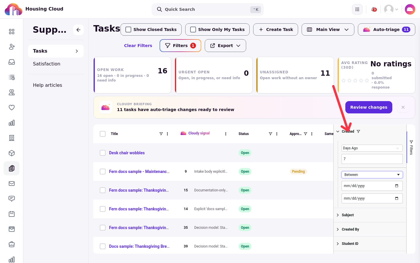The Tasks queue with the Created date filter open
