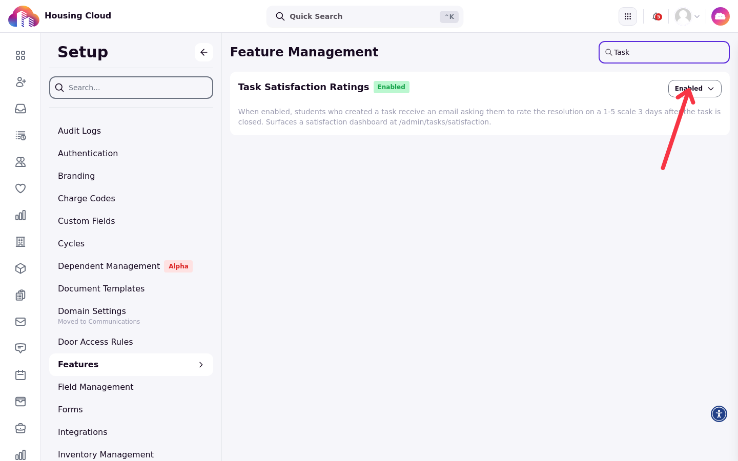 The Feature Management page filtered to the Task Satisfaction Ratings card with its Enabled dropdown