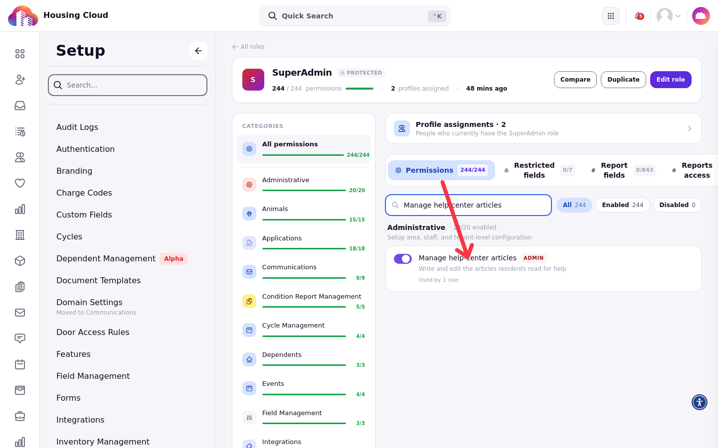 A role page showing the Manage help articles permission with its toggle switched on