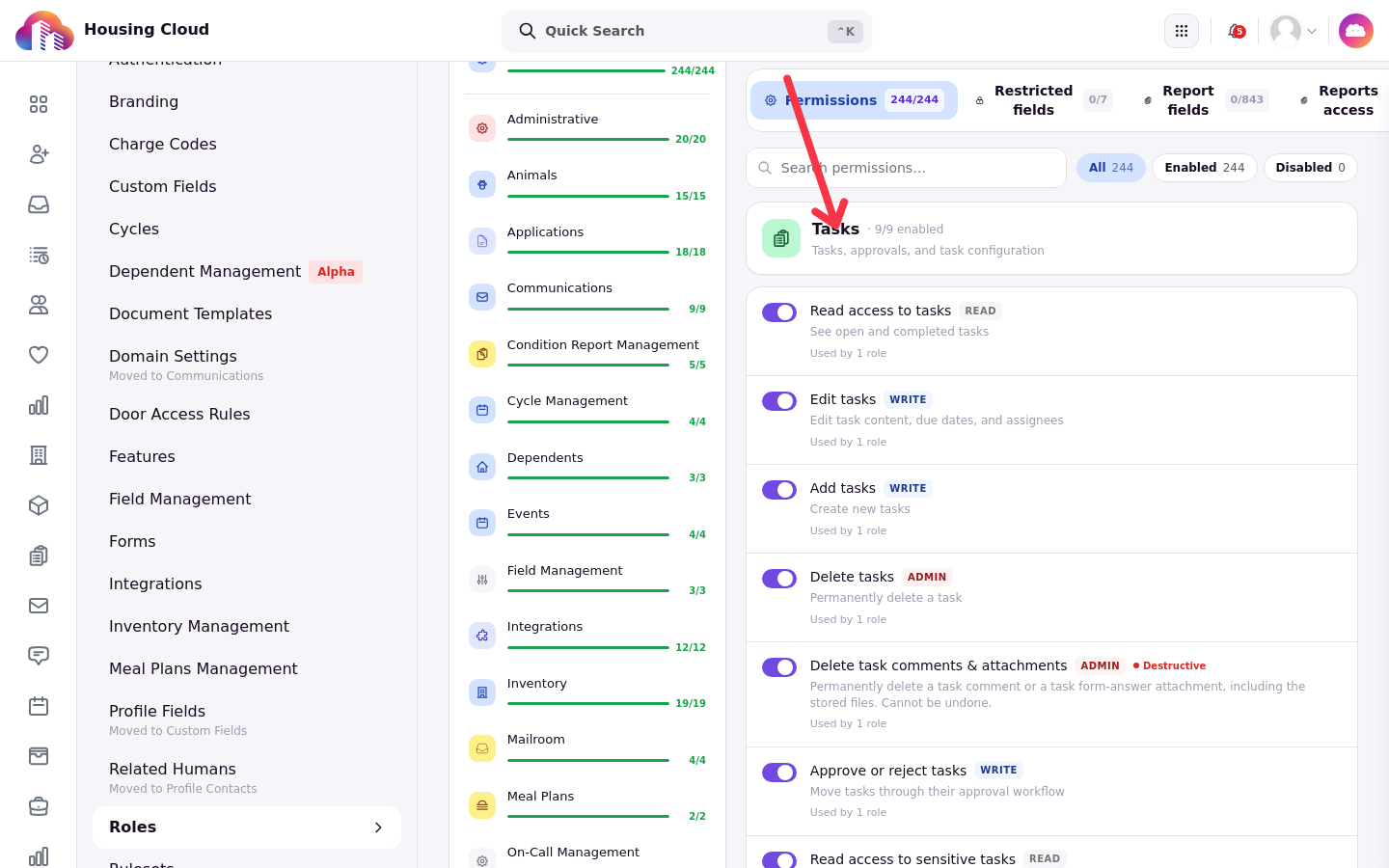 A role page with the Tasks category selected, showing the Tasks permission rows and their toggles