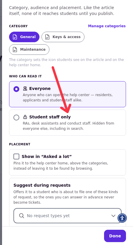 The article audience setting showing the Everyone and Student staff only options