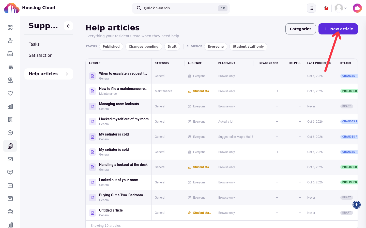 The Help articles list with category, audience and status columns