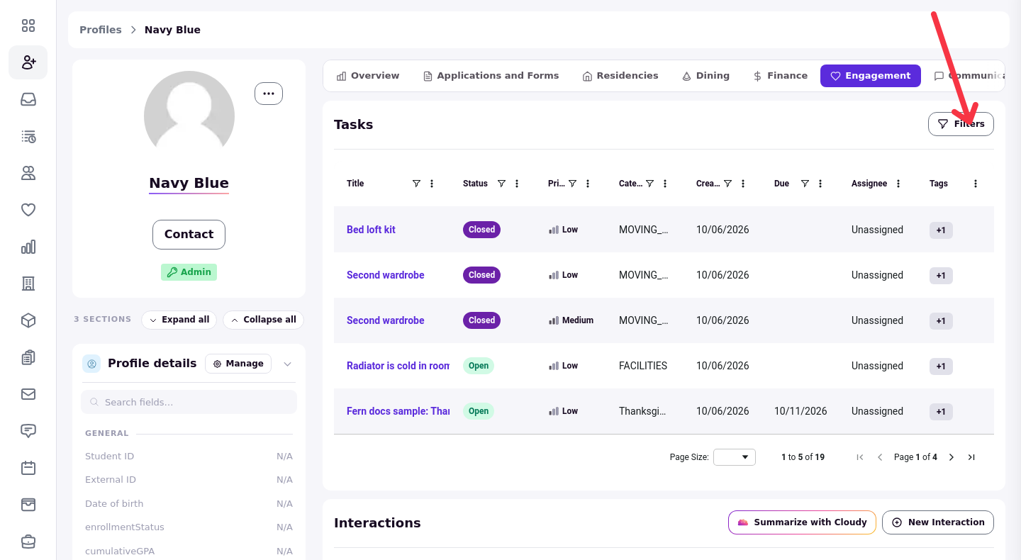 The Tasks section on a resident admin profile with its filter control