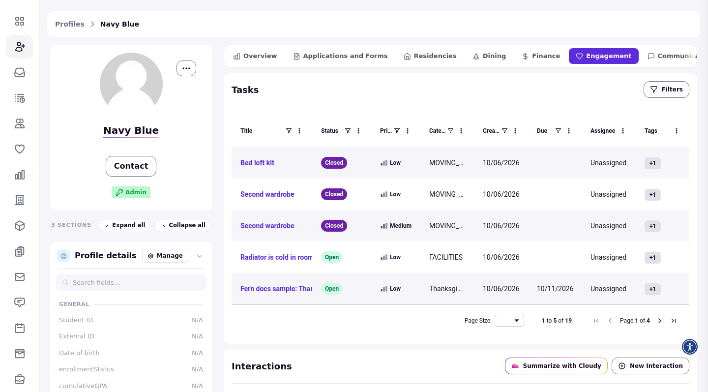 A resident's profile with the Tasks section listing that resident's tasks and a Status column with a filter