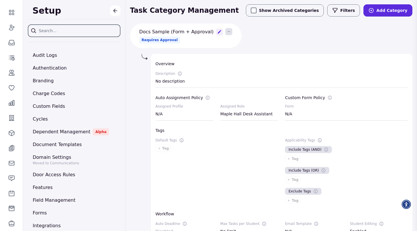 The Task Category Management page in Setup showing a request type's overview, assignment, form, tags, and workflow configuration