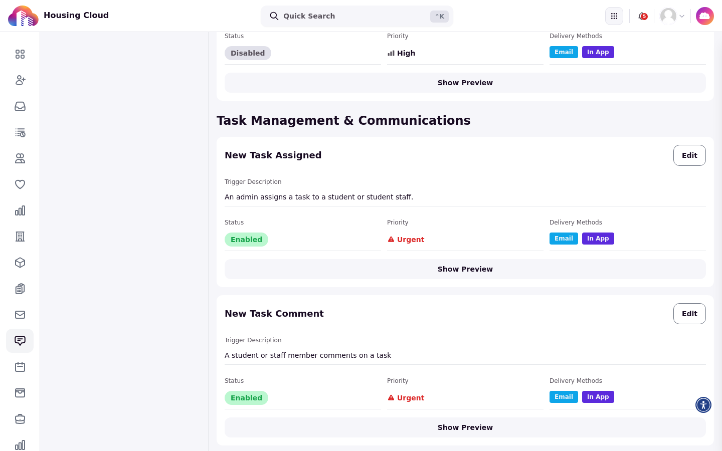 The Communications Manage page showing task notices such as New Task Assigned and New Task Comment with their status, priority, and delivery methods