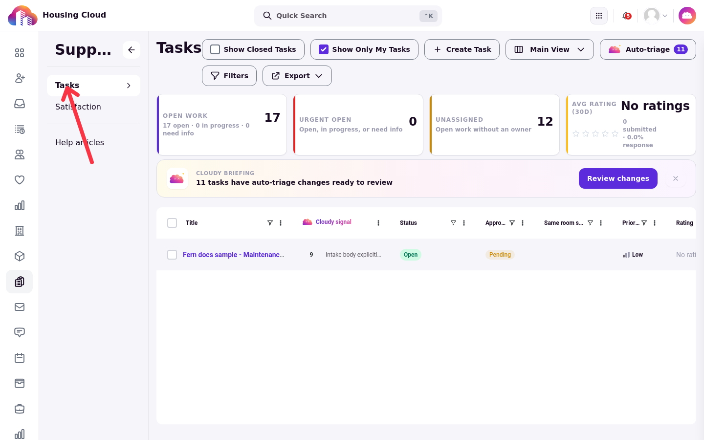 The Tasks queue under Support with stat cards, filters, and the task list, with an arrow pointing at the Tasks entry in the left navigation