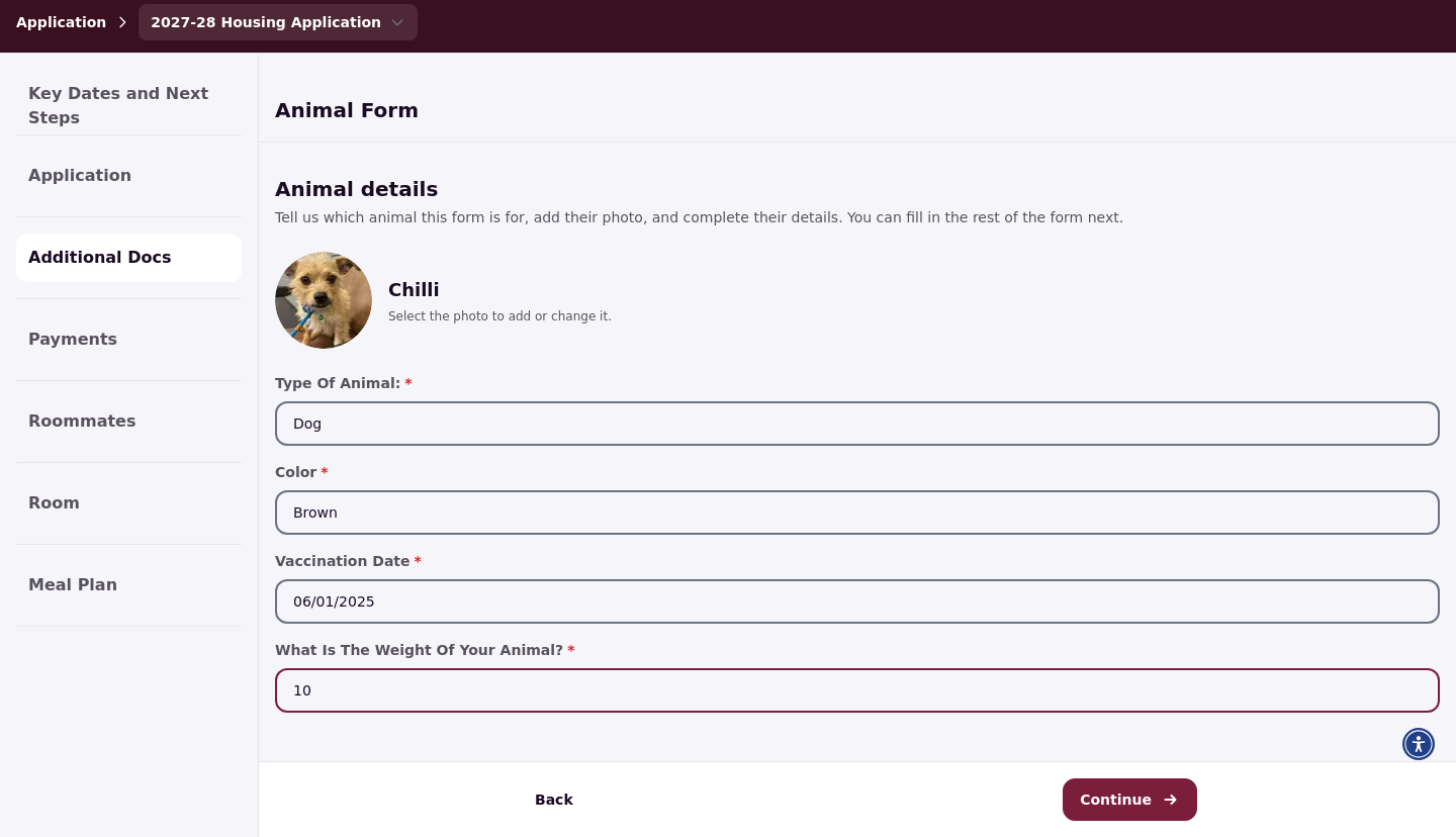 The animal profile with the photo and required details filled in