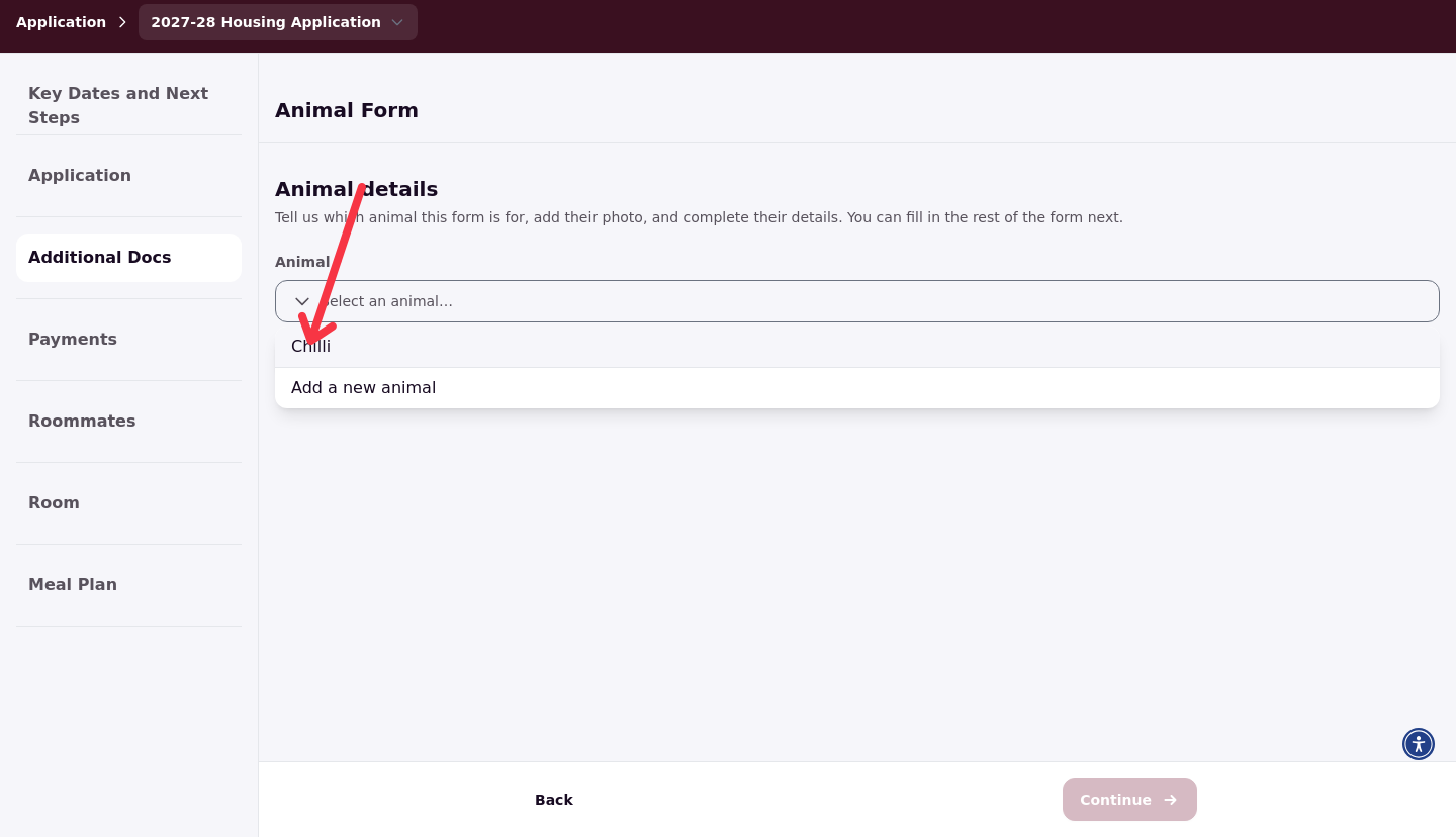 The Animal dropdown expanded, listing the existing animal Chilli and the Add a new animal option