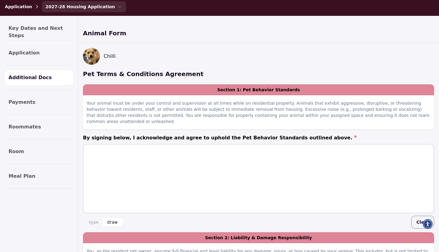 The animal application form with the agreement sections to sign