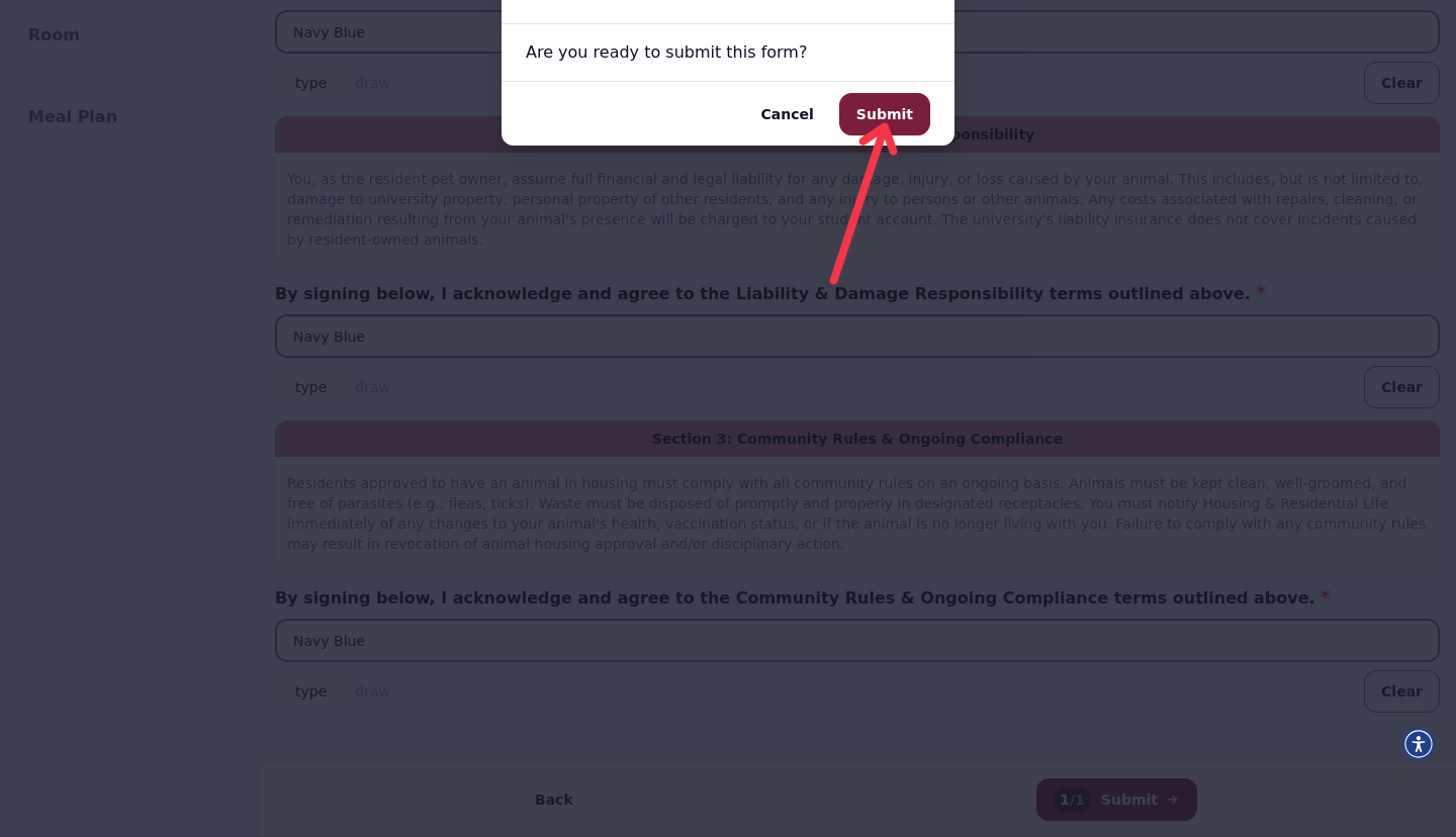The Submit Form confirmation dialog with the Submit button