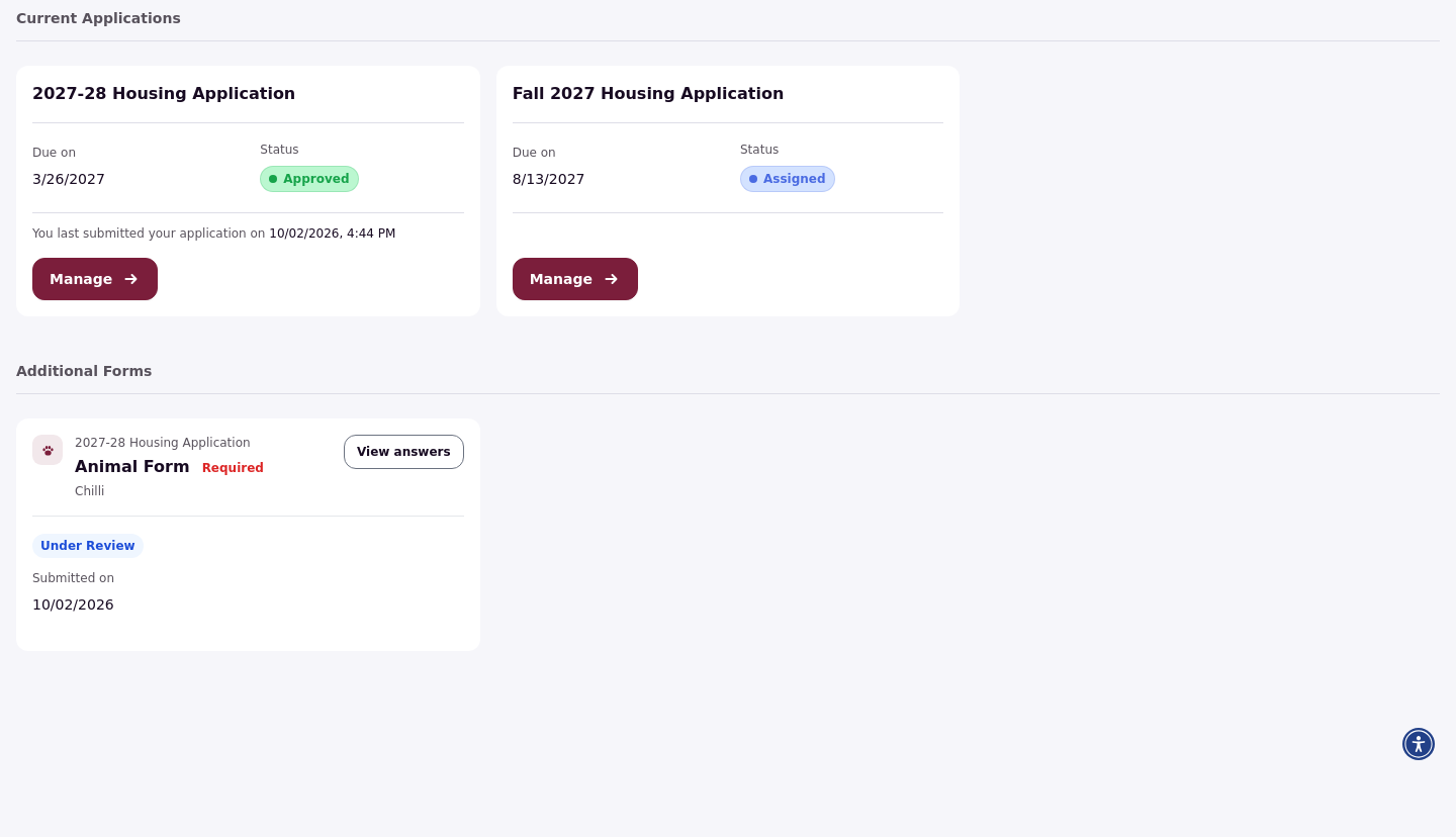 The Apps and Forms page showing the submitted Animal Form for Chilli with status Under Review