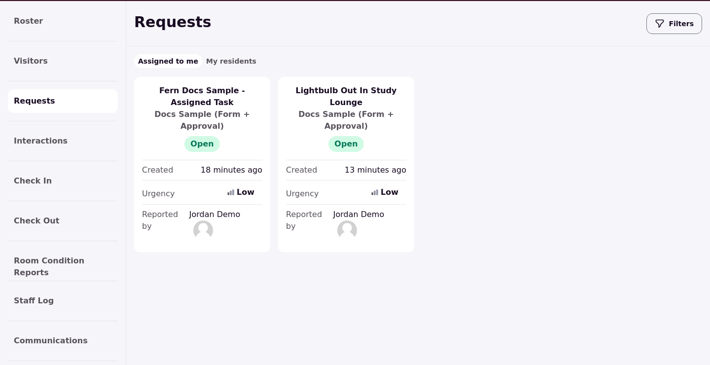 The staff Requests page with the Assigned to me tab active, listing two open request cards