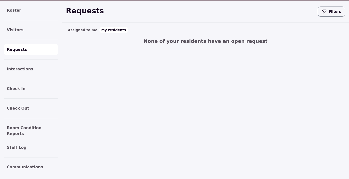 The staff Requests page with the My residents tab active, showing the message None of your residents have an open request