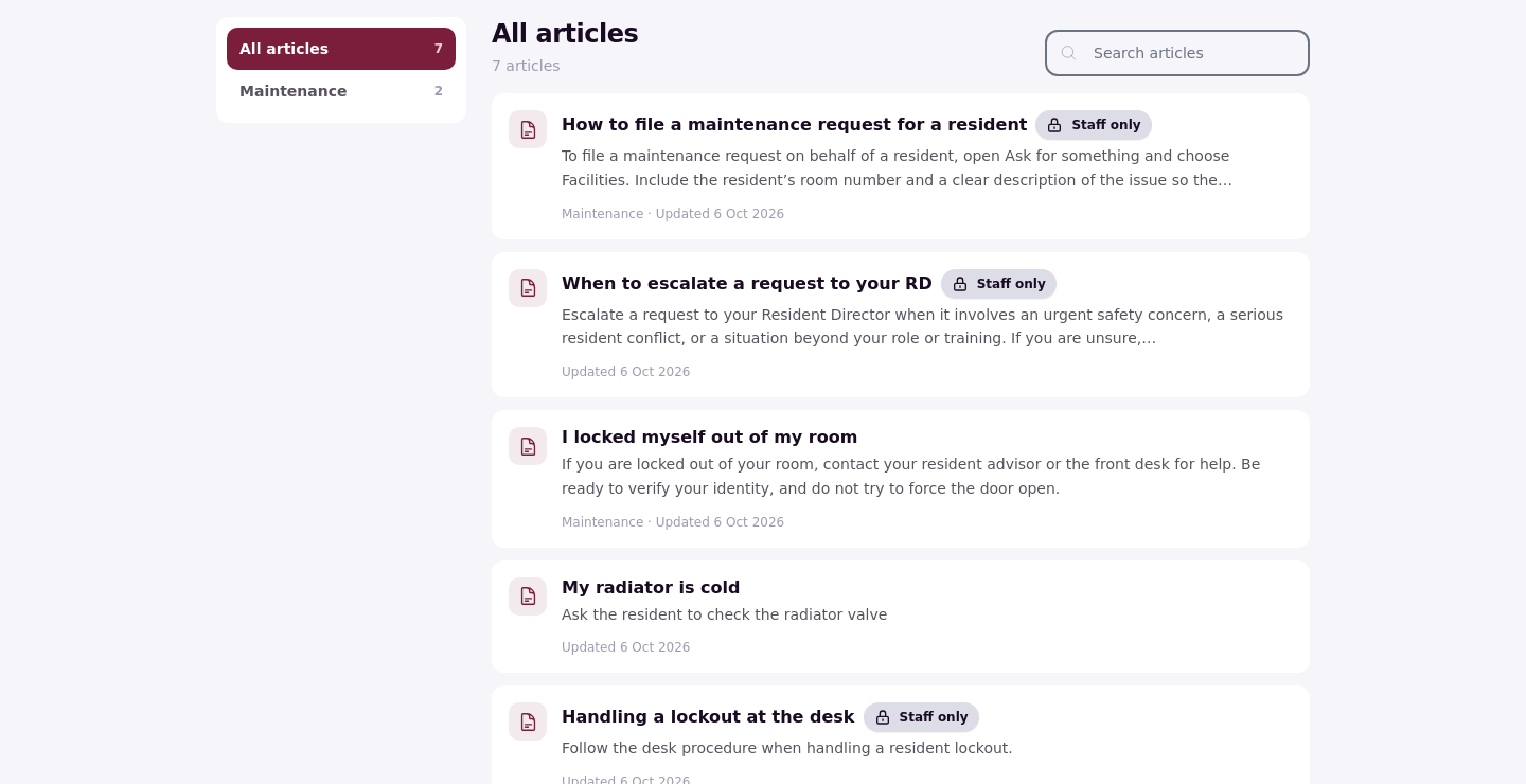 The help article list with Staff only badges on several articles
