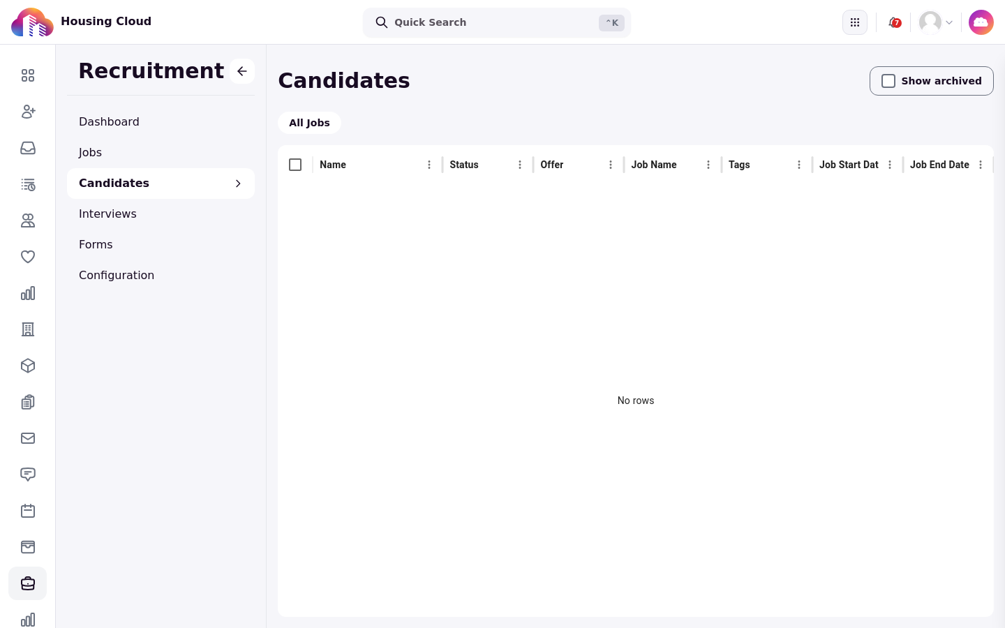 The Candidates page with its empty application table, showing the Name, Status, Offer, Job Name and Tags columns