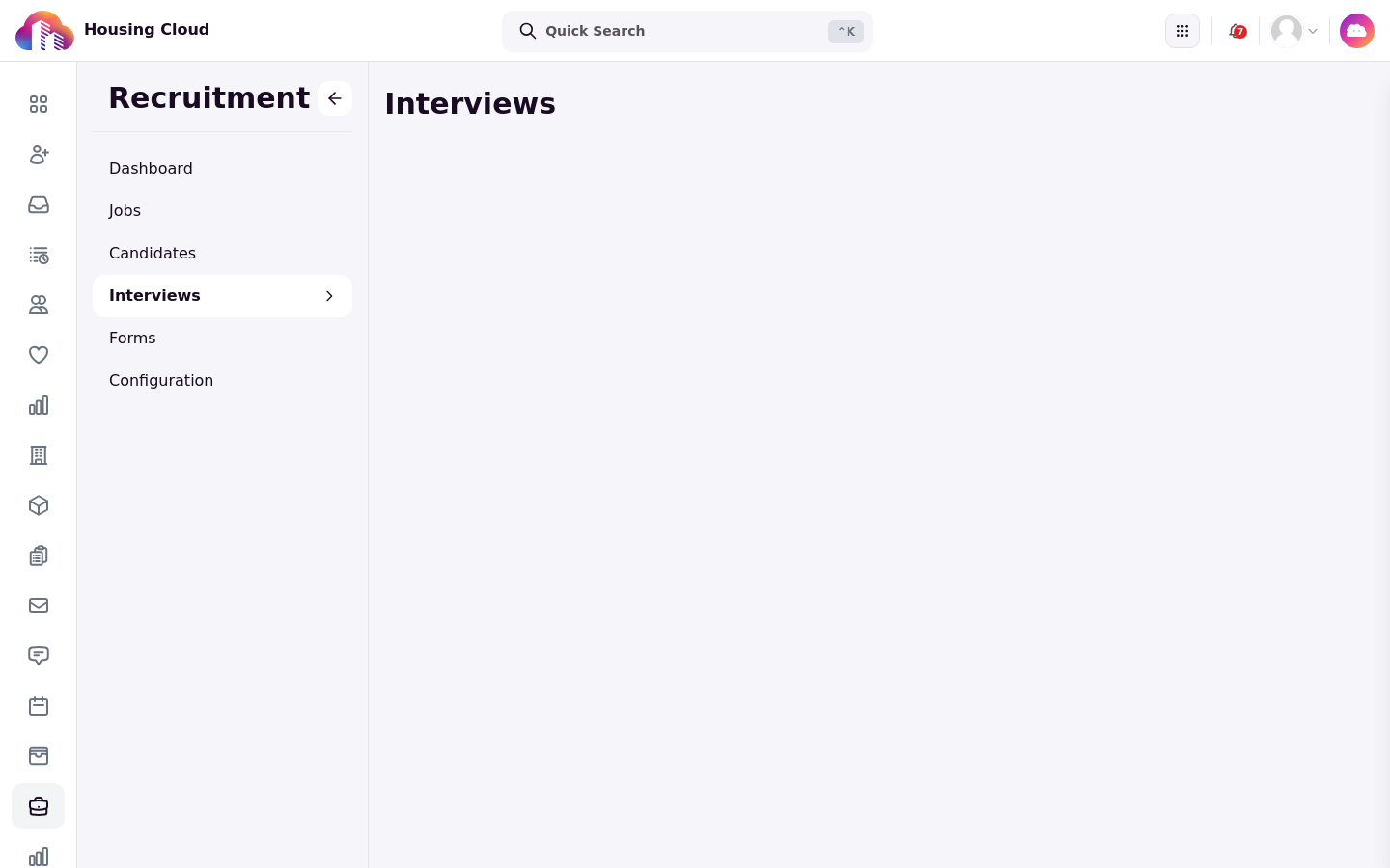 The Interviews page with the Recruitment sidebar, before any interview rounds are set up