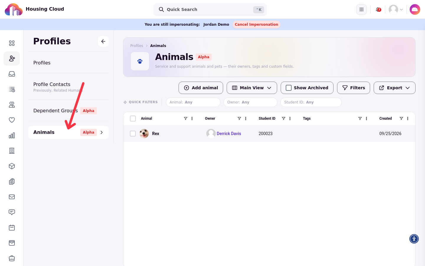 The Animals roster page under Profiles in Housing.Cloud