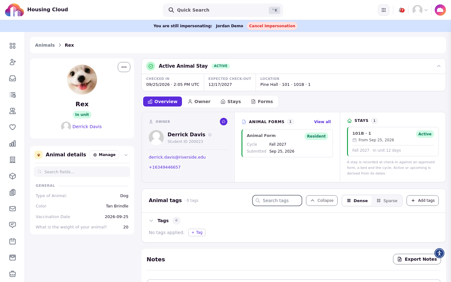 An animal profile showing its details, owner, tabs, tags, and notes