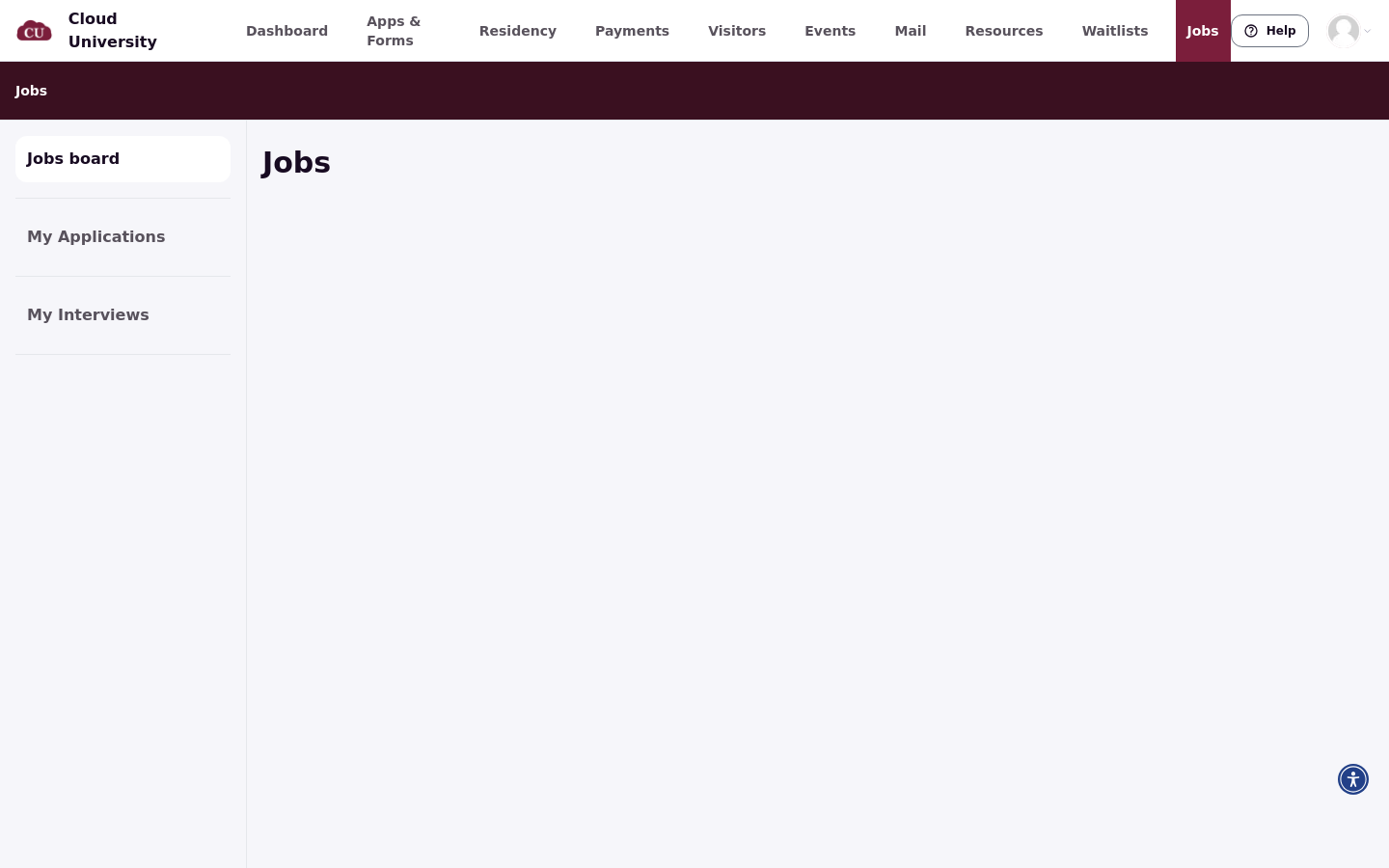 The student Jobs board in the resident portal