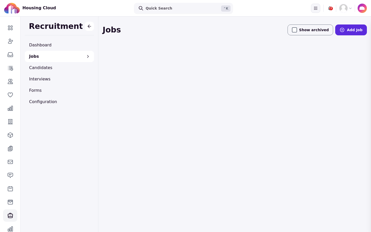 The Recruitment sidebar in the admin portal beside the Jobs page with its Add Job button