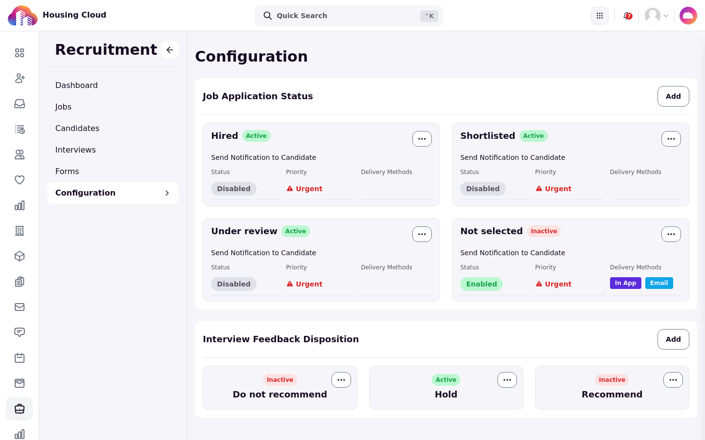 The Configuration page showing the Job Application Status list and the Interview Feedback Disposition section