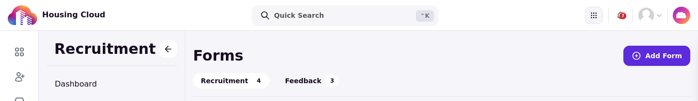 The Forms page with its Recruitment and Feedback tabs and the Add Form button