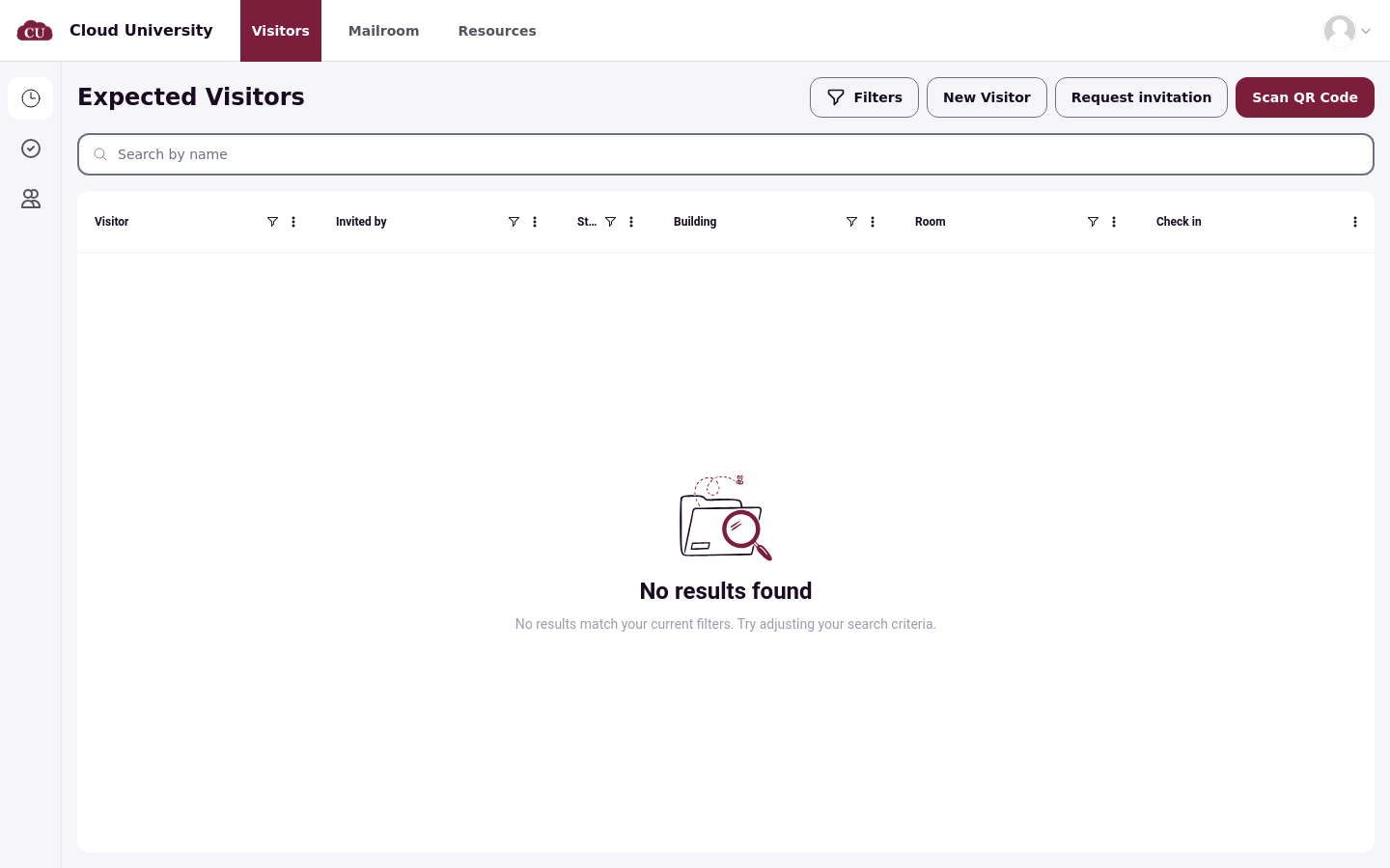Expected visitors page with search by name, Filters, and columns for Visitor, Invited by, Starts, Building, Room, and Check in