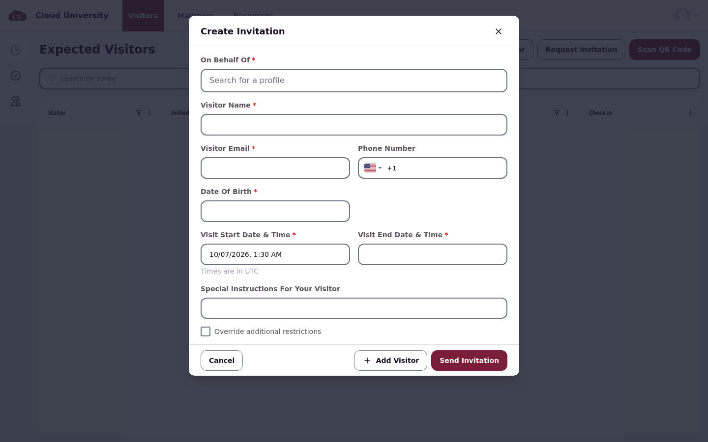 The Create Invitation dialog with the On Behalf Of, Visitor Name, Visitor Email, Phone Number, Date of Birth, and visit date fields, and the Cancel, Add Visitor and Send Invitation buttons