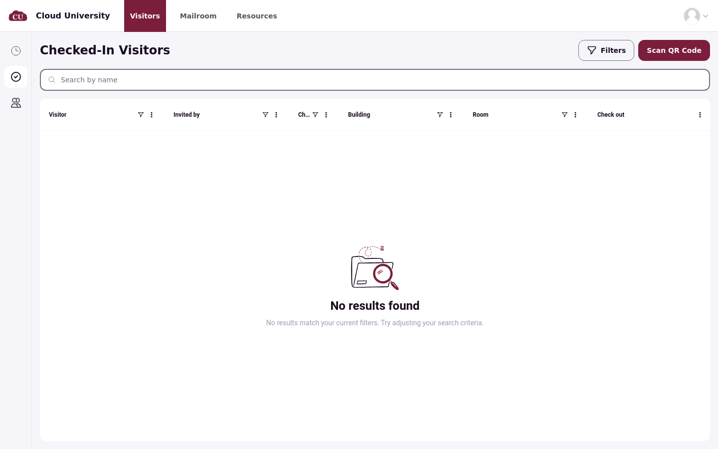 Checked-in visitors page with search by name, Filters, and Scan QR Code