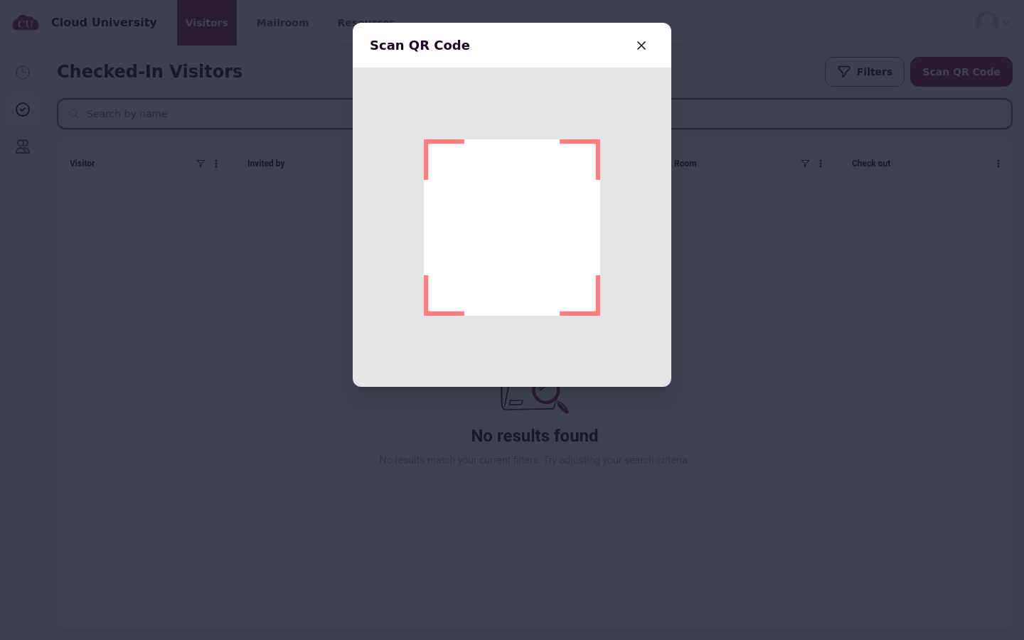 Scan QR Code modal with the camera scanner frame