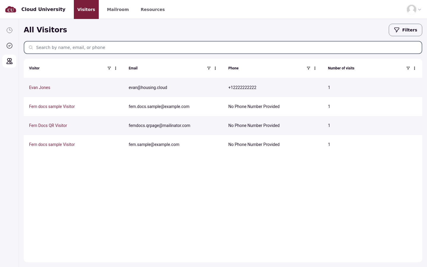 The All visitors page with its search box, Filters control, and Visitor, Email, Phone, and Number of visits columns