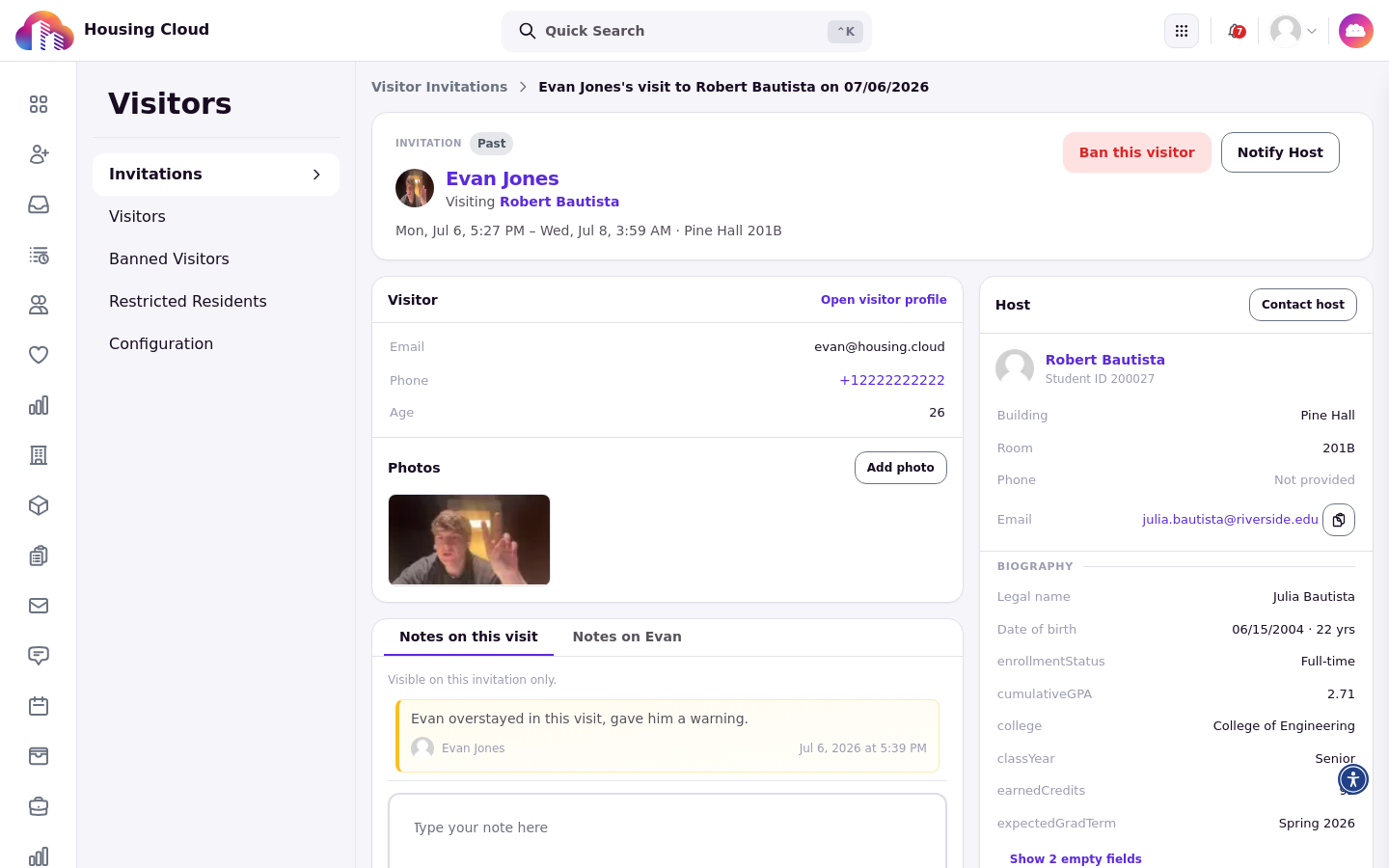 Invitation detail page with visitor information, visit dates and room, and the Notify Host action